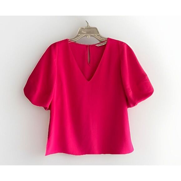 Amanda Uprichard Top Hot Pink Puff Sleeve V Neck Blouse Preppy Barbie Office XS - Picture 7 of 14